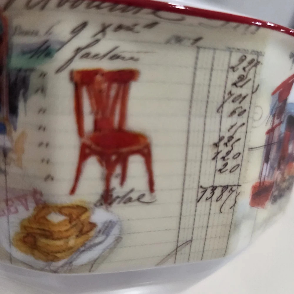 Williams Sonoma Ceral Bowls with Red Rim and Cafe Motif